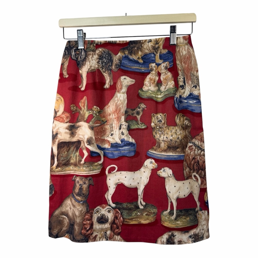 Staffordshire Dog Print Skirt 6 Burgundy Cotton Vintage Mantel Hound Equestrian